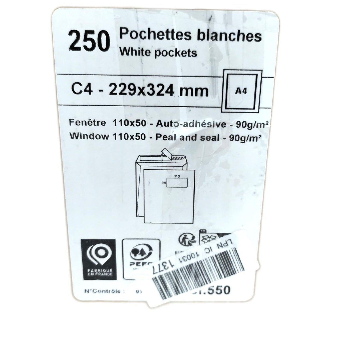 250 Hüllen weiß C4 229 x 324 90 g/m² Fenster 110 x 50 Schutzstreifen Versandtaschen
